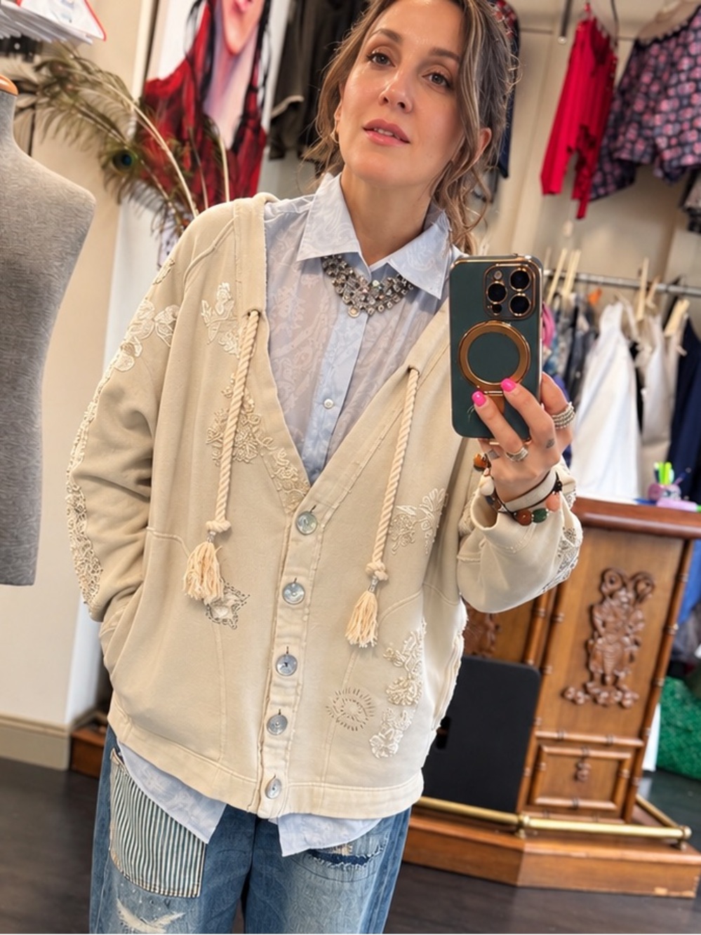 Free People Embroidered Cream Cardigan sweatshirt - Picture 5 of 17